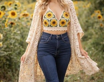 Sunflower Crochet Bralette Pattern | Boho Granny Square Festival Top (PDF Download)