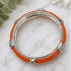 Vintage Orange Enamel Bangle Bracelet Silver Tone Hinged Clasp Statement Stackable Gift for Her