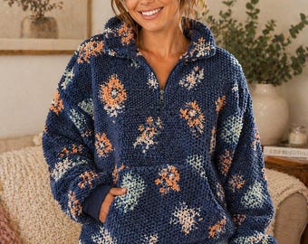 Navy Tie Dye Sherpa Pullover – Cozy Fleece Quarter Zip Sweater Women’s Large