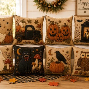 Puede incluir: Una colección de ocho cojines decorativos cuadrados con diseños de apliques texturizados de temas de Halloween, que incluyen un pato con sombrero de bruja, un camión con calabazas, calabazas talladas, una linterna, un fantasma, un gato negro, un cuervo y un búho.