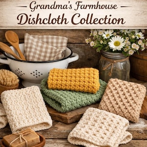 May include: A collection of handmade dishcloths in various colors, including cream, yellow, and green, arranged on a wooden surface. The image features a rustic aesthetic with a wooden background, a colander, and the text "Grandma's Farmhouse Dishcloth Collection."