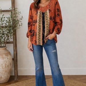Mason & Belle Boho Blouse Large | Rust Floral Peasant Top | Lace Detail Tunic Shirt Women | Cottagecore Fall Top | Flowy Bohemian Blouse