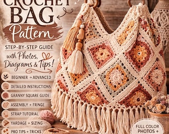 ボヘミアンヒッピー風かぎ針編みバッグの型紙｜おばあちゃん風スクエアスラウチパース（PDFダウンロード）