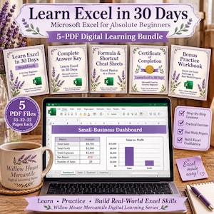 May include: A digital learning bundle titled Learn Excel in 30 Days featuring five PDF documents, a laptop displaying a small-business dashboard spreadsheet, a ceramic mug with lavender illustrations, and a purple sticky note with handwritten text.
