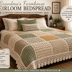 May include: A crochet bedspread featuring a sampler pattern with five distinct textured stitch designs in a color palette of cream, sage green, and mustard yellow. The bedspread has a scalloped border and is displayed on a wooden bed frame.