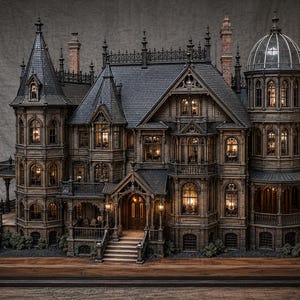 May include: A detailed miniature Victorian-style house with multiple turrets, balconies, and a domed tower. The model is constructed from wood and features intricate architectural details, with warm interior lighting visible through the windows. The house sits on a wooden base.