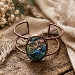 Abalone Shell Copper Cuff Bracelet | Iridescent Paua Boho Statement Jewelry