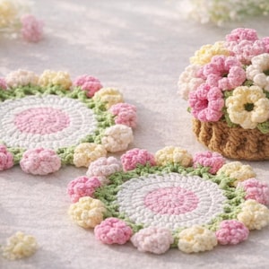 Crochet Tulip Coaster & Flower Basket Pattern – Cottagecore Floral Mug Rug (PDF Download)