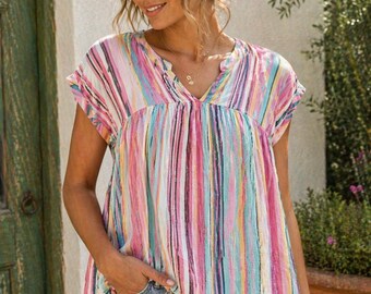 KORI America Pastel Stripe Tassel Blouse | Boho Peasant Summer Top Medium