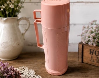 Vintage Pink Thermos Vacuum Bottle | Retro Insulated Flask, Cup Lid