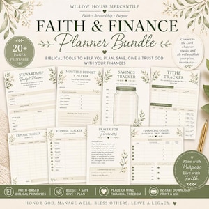 May include: A Faith & Finance Planner Bundle with printable PDF pages. The bundle includes a stewardship budget planner, monthly budget and prayer, savings tracker, tithe tracker, expense tracker, prayer for finances, and financial goals. The planner has a neutral color scheme with botanical accents.