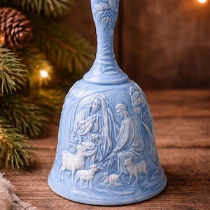 Vintage Fenton Blue Satin Nativity Bell, Artist Signed Art Glass Christmas Collector Piece