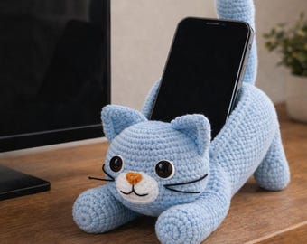 Amigurumi Cat Phone Holder Crochet Pattern | Stretching Kitty Phone Stand | Plush Desk Decor | DIY Gift for Cat Lovers