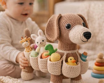 Crochet Dachshund Caddy Pattern | Amigurumi Dog Organizer with Pockets | Crochet Hook Holder | Craft Room Desk Storage PDF