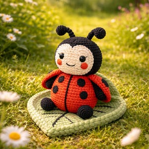 Könnte beinhalten: Handgefertigte Häkel-Marienkäfer-Puppe mit schwarzem Kopf, rotem Körper und schwarzen Punkten. Der Marienkäfer sitzt auf einer grünen blattförmigen Matte auf einer grasbewachsenen Oberfläche mit Gänseblümchen. Die Puppe hat ein lächelndes Gesicht.