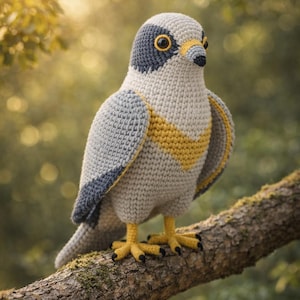 Puede incluir: Un pájaro hecho a mano con ganchillo, con cuerpo gris, cabeza gris oscuro y detalles amarillos. El pájaro está posado en una rama marrón sobre un fondo verde borroso. Las alas y el pecho presentan detalles amarillos y gris oscuro.