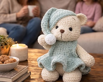 Crochet Teddy Bear Pattern PDF | Amigurumi Bear Plush with Dress & Hat | Chenille Yarn Toy | Beginner Friendly DIY Gift