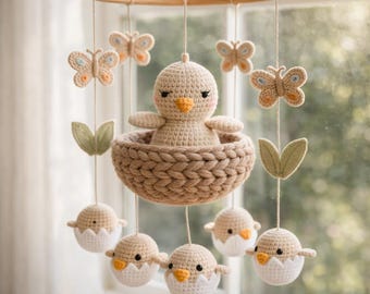 Bird Baby Mobile Crochet Pattern | Amigurumi Mama Bird Chicks Nursery Mobile | Farm Nursery Decor | DIY Crib Mobile Pattern