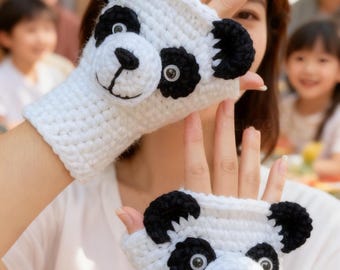 Panda Fingerless Gloves Crochet Pattern |  Animal Hand Warmers PDF | Winter Fingerless Mittens  | Instant Download
