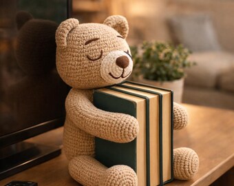 Amigurumi Bear Book Holder Crochet Pattern PDF | Teddy Bear Bookshelf Decor | Book Lover Gift | Wire Arm Option | 10in Plush