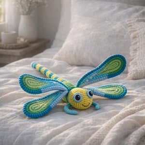 May include: A handmade crochet dragonfly toy in yellow, blue, and green. The dragonfly has large wings and a smiling face. It is lying on a white bedspread. The toy is a whimsical and decorative item.