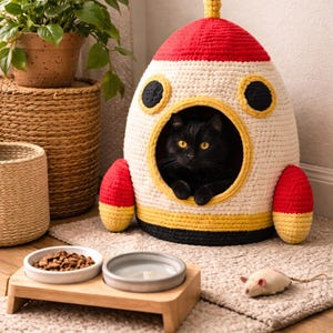 Crochet Rocket Cat House Pattern | Amigurumi Cat Bed PDF | DIY Cat Cave Tutorial | Space Pet Bed Pattern | Crochet Pet House Guide