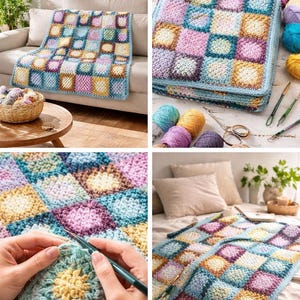 May include: A colorful granny square blanket, crocheted with squares in shades of blue, pink, yellow, and purple. The blanket is displayed on a sofa and a bed. The image also shows yarn, crochet hooks, and the text "Granny Square Blanket Crochet Pattern".