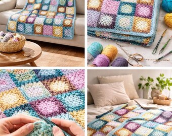 Granny Square Blanket Crochet Pattern | Puff Stitch Afghan | Colorful Patchwork Throw | 7x9 Square Layout