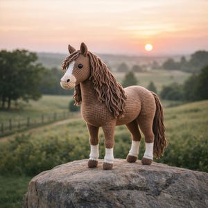 Puede incluir: Un caballo marrón tejido a ganchillo con una larga melena y cola ondeantes se alza sobre una gran roca. El caballo tiene marcas blancas en la cara y las patas. El fondo presenta una puesta de sol sobre un campo verde y árboles.