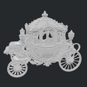 May include: A white, ornate carriage with intricate detailing, including floral patterns and decorative lamps. The carriage features large spoked wheels and a domed roof, evoking a fairytale aesthetic. The design is highly detailed and symmetrical.