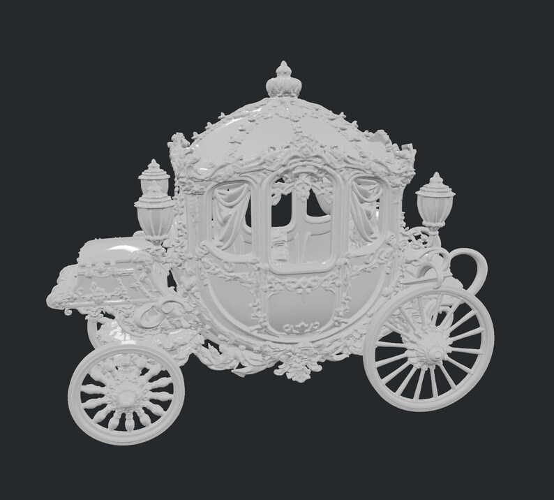 May include: A white, ornate carriage with intricate detailing, including floral patterns and decorative lamps. The carriage features large spoked wheels and a domed roof, evoking a fairytale aesthetic. The design is highly detailed and symmetrical.