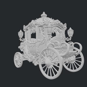 May include: A detailed, white carriage with ornate floral carvings and decorative lamps. The carriage features large spoked wheels and a curved body, suggesting a vintage or fantasy theme. The carriage is set against a dark background.