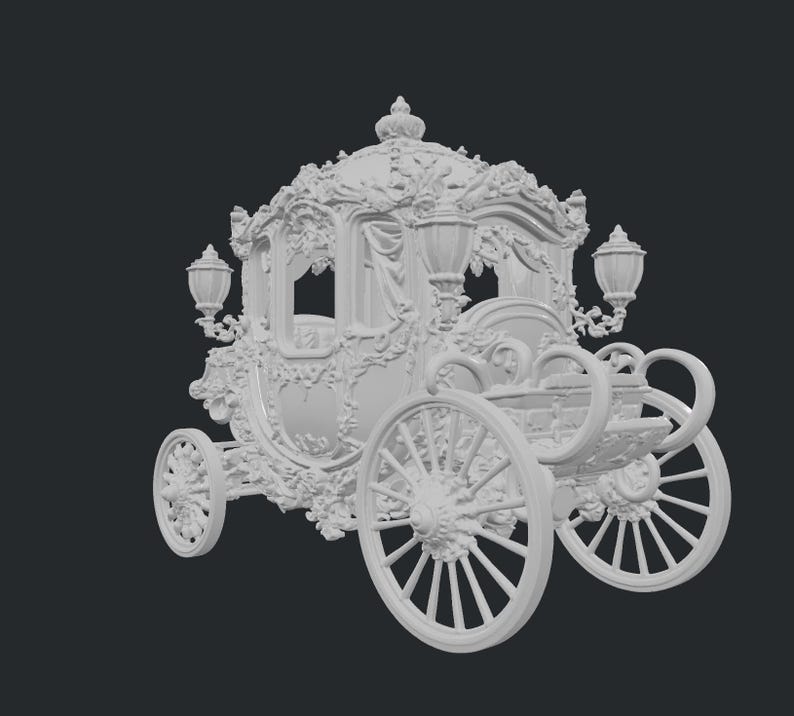 May include: A detailed, white carriage with ornate floral carvings and decorative lamps. The carriage features large spoked wheels and a curved body, suggesting a vintage or fantasy theme. The carriage is set against a dark background.