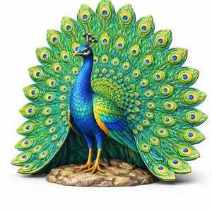 May include: A vibrant peacock sculpture with a fanned tail, showcasing a spectrum of colors. The peacock's body is a deep blue, transitioning to green and yellow on the wings. The tail feathers display intricate patterns of green, blue, and yellow.