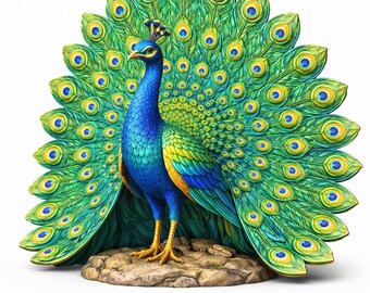 May include: A vibrant peacock sculpture with a fanned tail, showcasing a spectrum of colors. The peacock's body is a deep blue, transitioning to green and yellow on the wings. The tail feathers display intricate patterns of green, blue, and yellow.