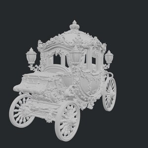 May include: A detailed, white carriage with ornate floral and scrollwork designs. The carriage features large spoked wheels, decorative lanterns, and a domed roof. The overall design is reminiscent of a fairytale or historical era.