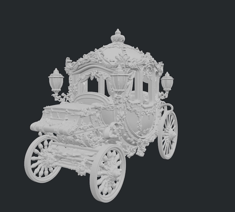 May include: A detailed, white carriage with ornate floral and scrollwork designs. The carriage features large spoked wheels, decorative lanterns, and a domed roof. The overall design is reminiscent of a fairytale or historical era.