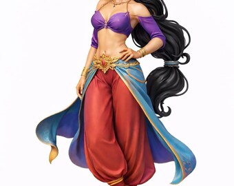 May include: A standing figurine of a woman with long black hair, wearing a purple off-the-shoulder top, a blue waist wrap with a gold and red center ornament, and loose red trousers. The figure is adorned with gold bracelets, earrings, and a necklace, and wears gold-colored shoes.