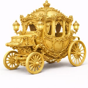 Può includere: Una carrozza dorata con dettagli ornati, tra cui volute decorative e lampade. La carrozza ha quattro ruote a raggi e una corona in cima. Simbolo di lusso ed eleganza.