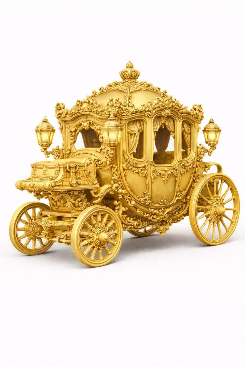 May include: A golden carriage with ornate detailing, including decorative scrollwork and lamps. The carriage has four spoked wheels and a crown on top. The carriage is a symbol of luxury and elegance.