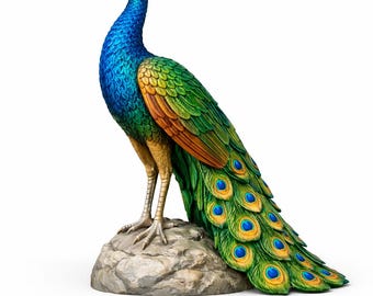 May include: A detailed peacock statue with vibrant blue, green, and yellow plumage. The bird stands on a gray stone base, its feathers fanned out. The statue has a detailed crown and a long, elegant neck.