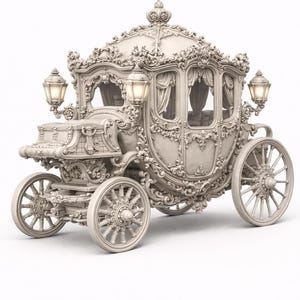 May include: An ornate, off-white carriage with intricate carvings and detailing. The carriage features large spoked wheels, decorative lamps, and a crown on top. The design is reminiscent of a fairytale or fantasy theme.