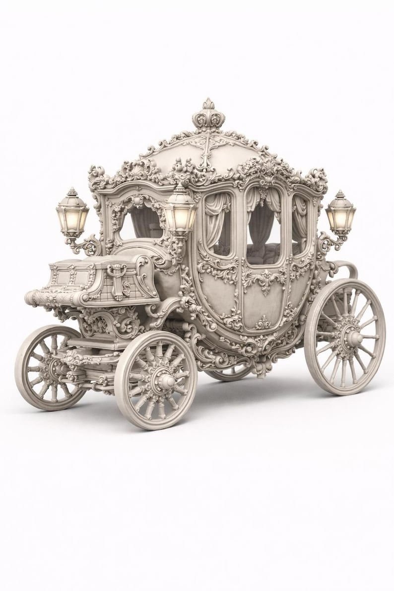 May include: An ornate, off-white carriage with intricate carvings and detailing. The carriage features large spoked wheels, decorative lamps, and a crown on top. The design is reminiscent of a fairytale or fantasy theme.