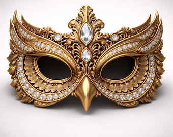 May include: A gold-colored masquerade mask with intricate floral and feather-like designs. The mask is adorned with clear, sparkling gemstones and features a bird-like beak. The eye openings are dark, creating a striking contrast.