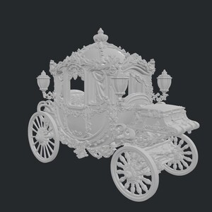 May include: A white, ornate carriage with intricate floral and scrollwork details. The carriage features large spoked wheels, decorative lanterns, and a detailed roof. The design is reminiscent of a fairytale or fantasy theme.