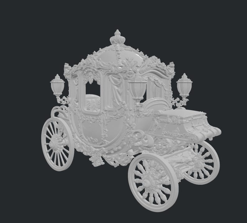 May include: A white, ornate carriage with intricate floral and scrollwork details. The carriage features large spoked wheels, decorative lanterns, and a detailed roof. The design is reminiscent of a fairytale or fantasy theme.