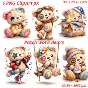 Puede incluir: Una colección de seis adorables osos de patchwork en varias poses. Cada oso tiene detalles únicos como gafas, un gorro de dormir o un columpio. Los osos están decorados con parches coloridos, corazones y flores. La imagen incluye el texto "6 PNG ClipArt pk" y "Patch work Bears".