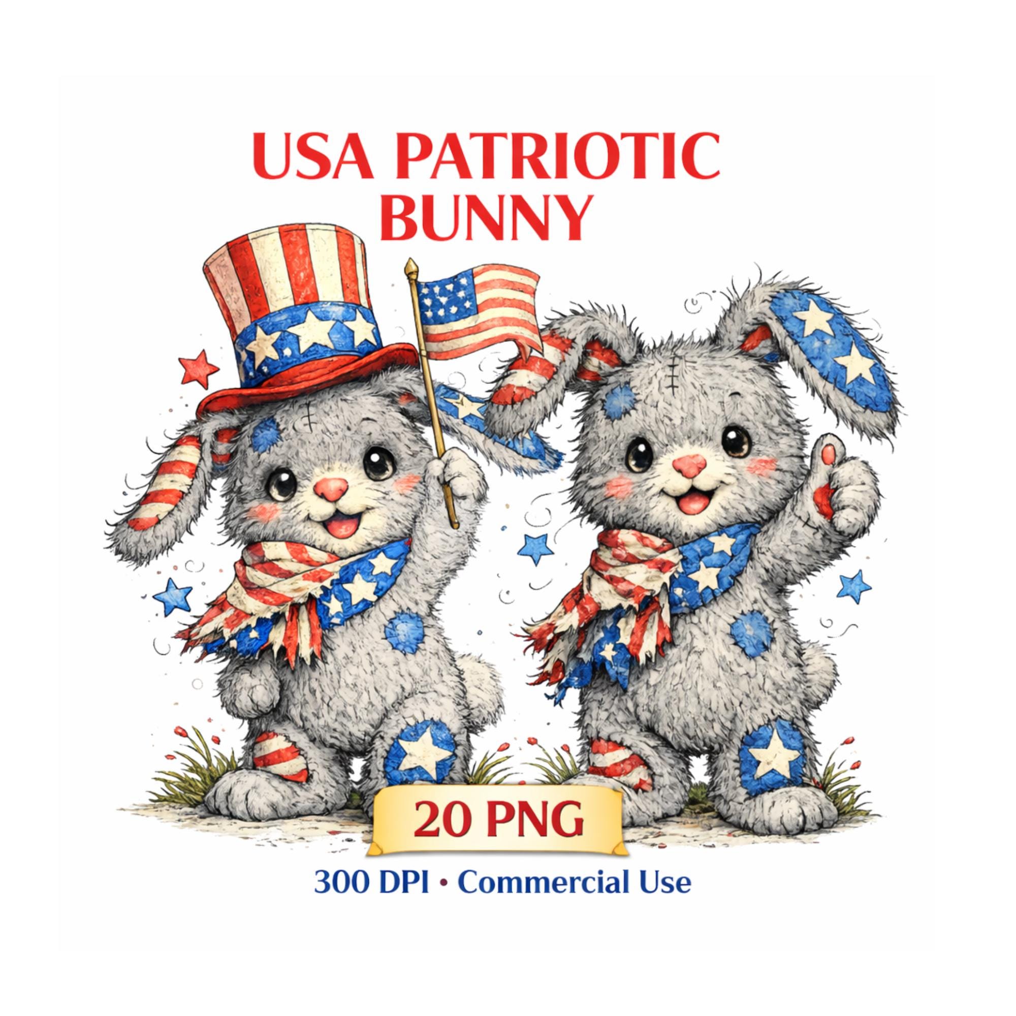 Patriotic Rabbids Whimsical Patriotic Bunny Bear Set, Animal Art Bundle 20 PNG (3000px ...
