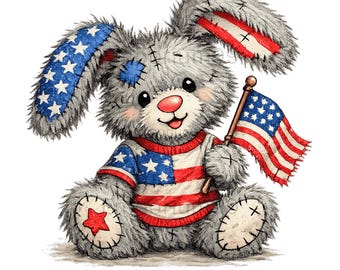 Whimsical Patriotic Bunny Bear Set, Animal Art Bundle 20 PNG (3000px)