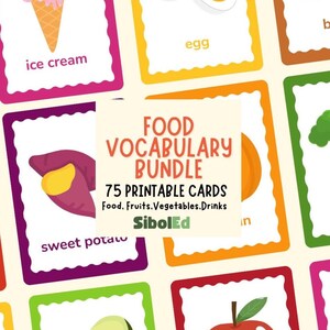 Food Vocabulary Bundle for Kids | Color-Coded Food, Fruits, Vegetables & Drinks | 75 Flashcards | SibolEd